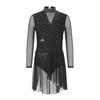 Girls Lyrical Dance Dress Mock Neck Long Sleeve Cutout Back Side Split Sheer Mesh Ruched Leotards
