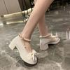 Mary Jane small leather shoes women's 2025 spring and summer new bow pearl chain French with skirt thick heel high heels women