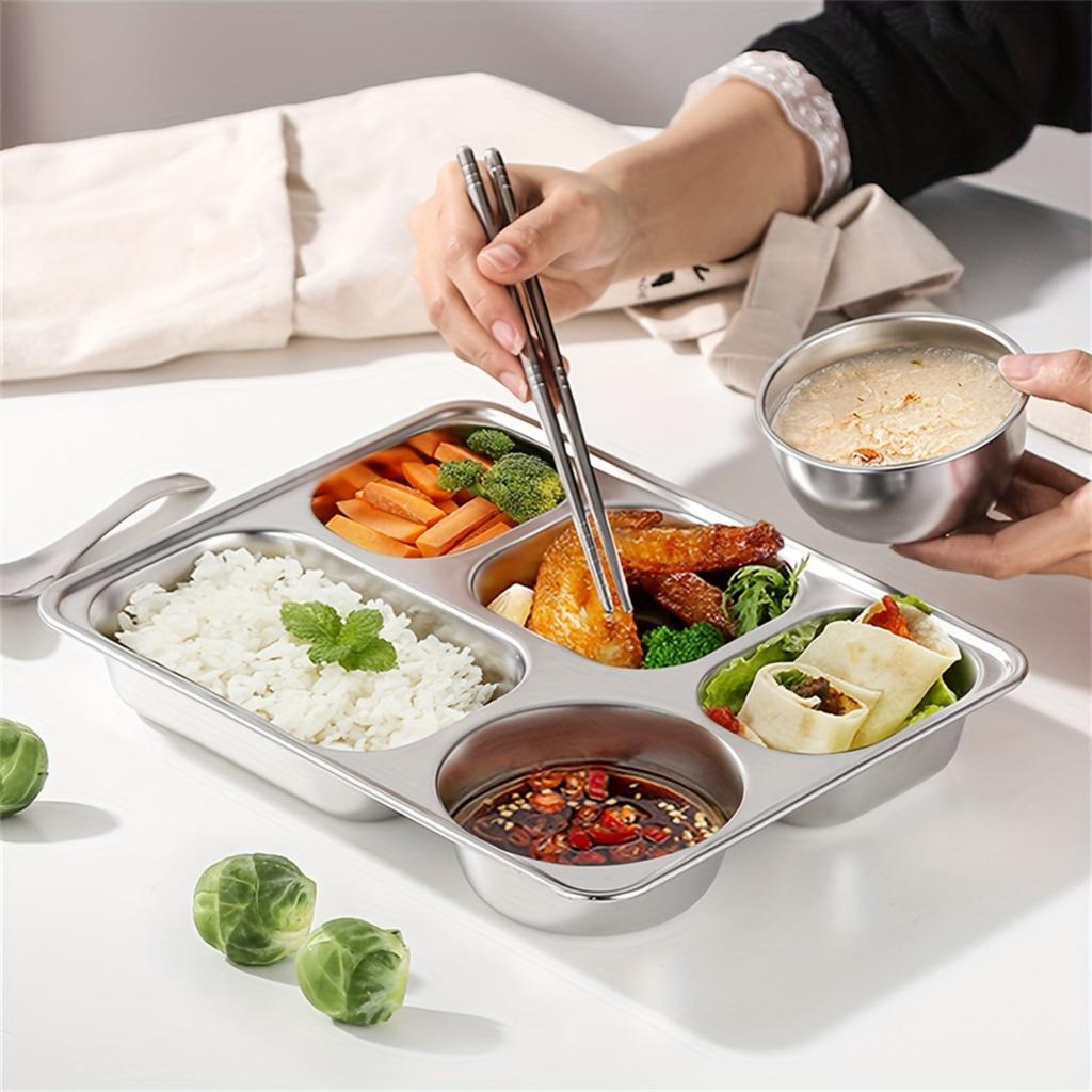 Разделенная тарелка из нержавеющей стали - поднос для школьных обедов с 5 отделениями, глубокая квадратная сервировка для блюд, можно мыть в посудомоечной машине
