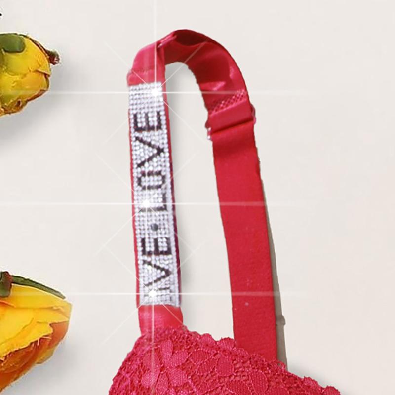 2Pcs Woman Lace Bra Red and Blue Bling Bling Rhinestone Straps Small Size Molded Cup Bras 34B 36B 38B 40B Underwear