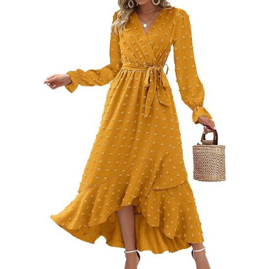 Long Sleeve Maxi Dress for Women V Neck Dot Design Boho Wrap Dress Casual Flowy Slit Wedding Guest Dress for Cocktail Party