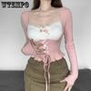 WTEMPO Розовые лоскутные вязаные топы Kawaii, повседневные базовые футболки с рюшами и шнуровкой в ​​японском стиле Y2K Lolita
