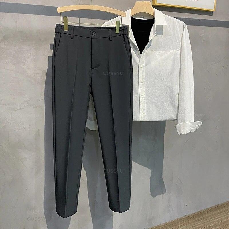Plus Size Spring Summer Men's Casual Pants Suit Pant Slim Fit Work Elastic Waist Jogging Business Trousers Male Black