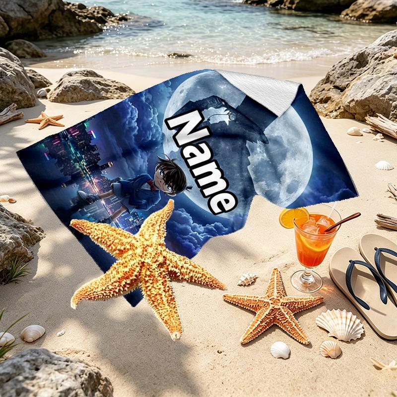 Custom Name Personalized Detective Conan Print Beach Towel, for Trip Camping Beach Party Home Decor, Birthday Gift for Family & Friends