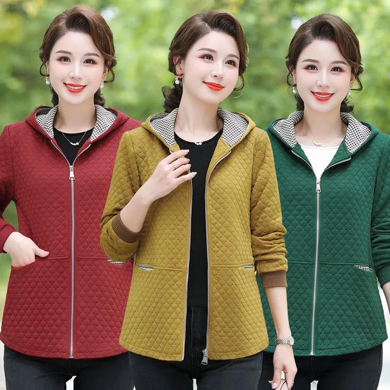 Women's Spring Short Hooded Jacket, Middle Aged and Elderly, Solid Color Style, Slim Fit Jacket