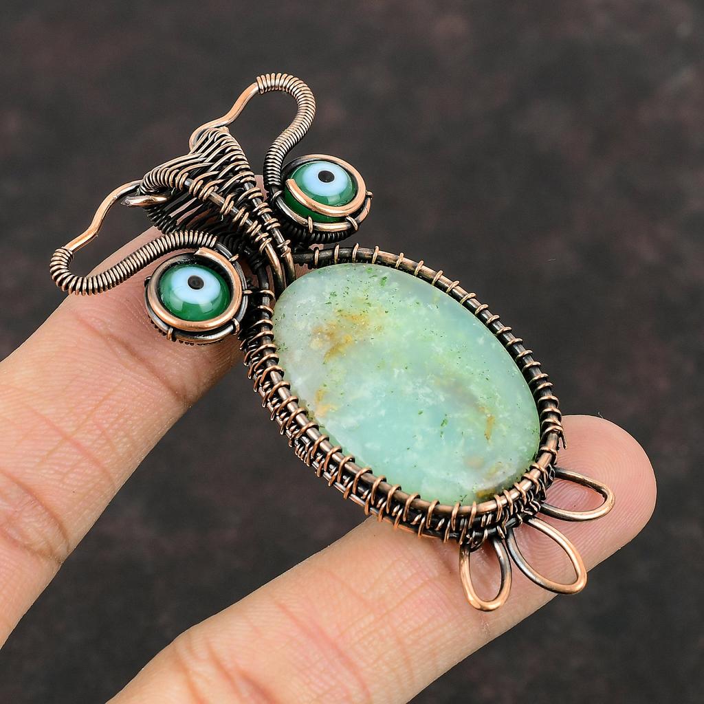 Chrysoprase Pendant Green Color Evil Eye Pendant Copper Wire Wrapped Pendant Handmade Owl Pendant Gemstone Copper Wire Jewelry Gift For Mom