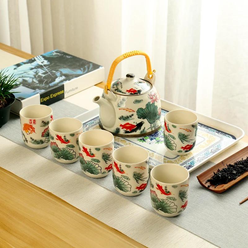 Retro Light Luxury, Large Capacity Teapot Tea Cups, Ceramic Celadon Kung Fu Tea Set, a Pot of Six Cups with Filter Green Teapot