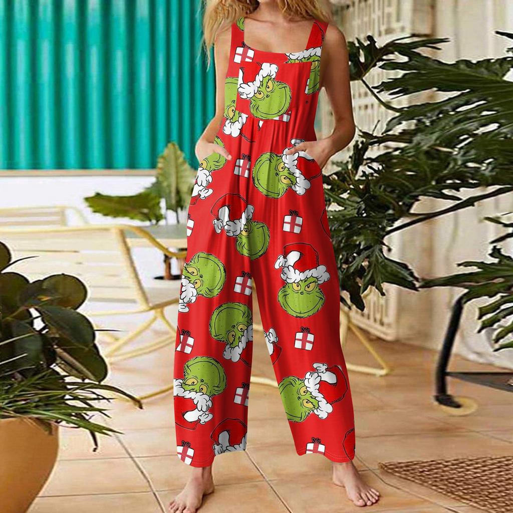 Women's Casual Loose Jumpsuit Christmas Print Wide Leg Jumpsuit Sleeveless With Pockets