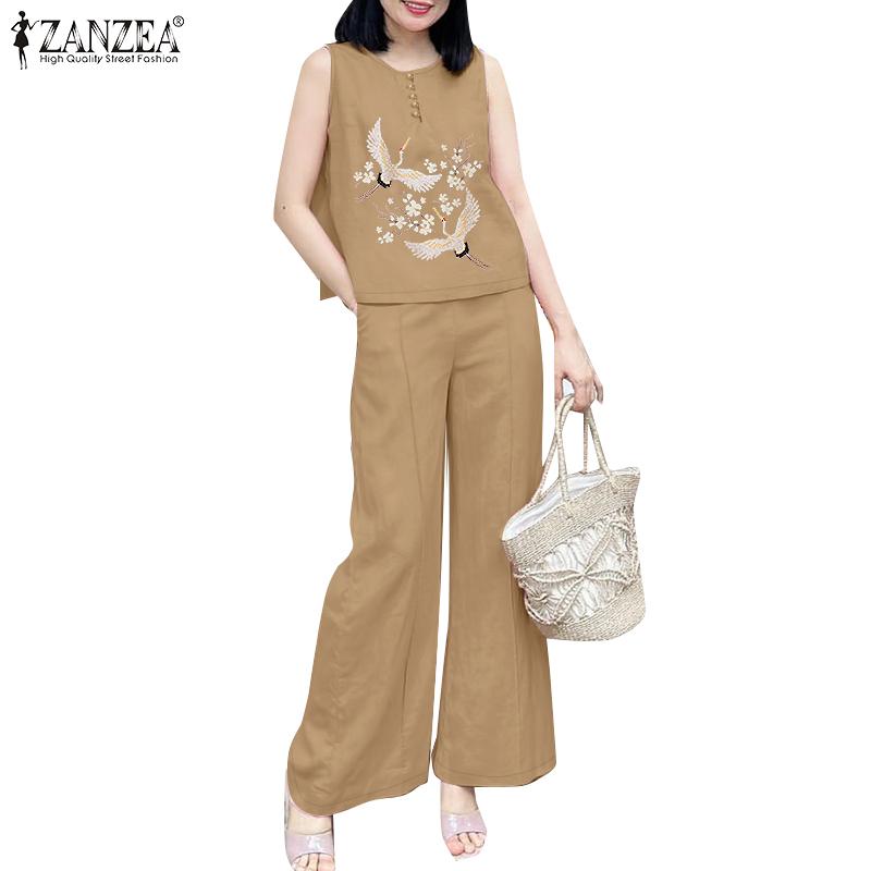 ZANZEA Женские топы и брюки с принтом, повседневные комплекты из двух частей