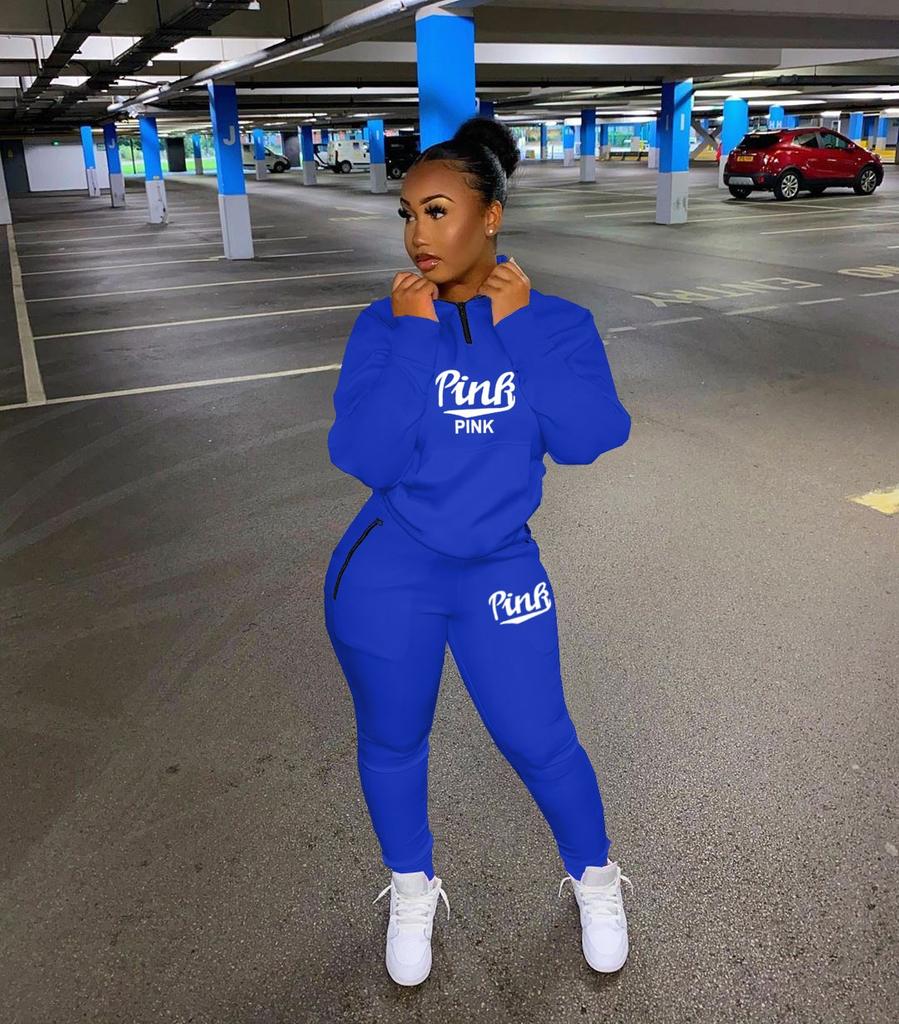 Winter Tracksuits Suits Two Piece Set Women Pink Letter Print Sport Casual Outfits Zip Sweatshirt Top+Pants Set Women Sweat Suit