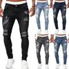 Fashion Street Style Ripped Skinny Jeans Men Vintage Wash Solid Denim Trouser Mens Casual Slim Fit Pencil Denim Pants