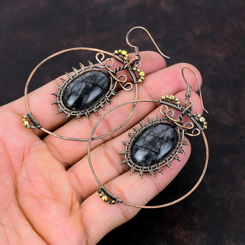 Серьги Picasso Jasper, медные серьги с проволокой, серьги с драгоценными камнями, медные украшения, изящные серьги для женщин, серьги ручной работы, подарок для мамы