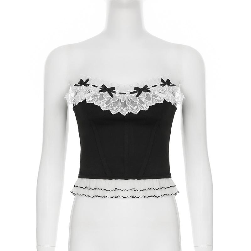 Женский стиль суда кружево кружево через веревку бант столкновение цветов бюстье чистое желание девушки корсет тонкий сотня сексуальных топов