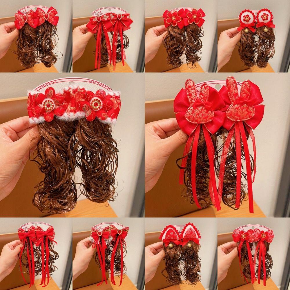 2 шт. детский парик-бантик в китайском стиле, вьющиеся волосы, красная заколка-бантик, новогодняя праздничная