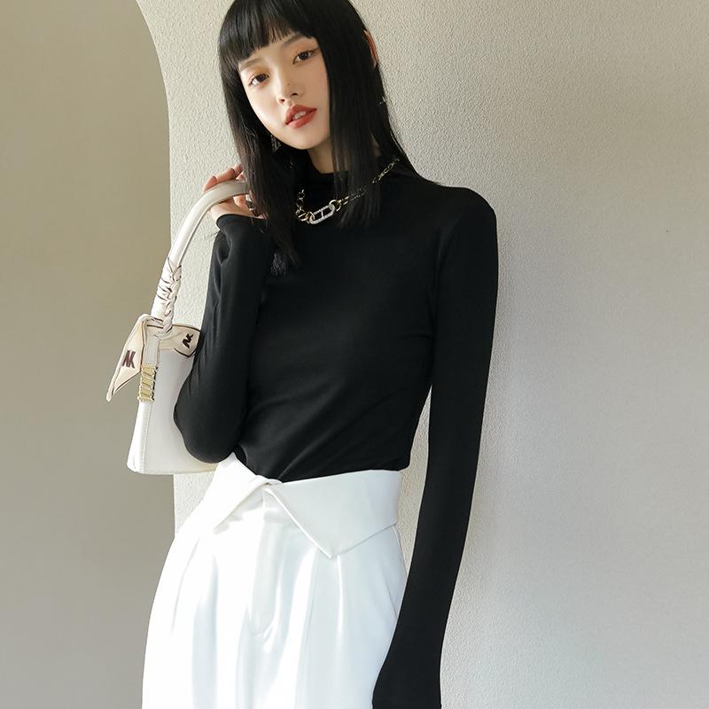 Женский облегающий топ с полувысоким воротником средней высоты и длинными рукавами, базовый слой, обтягивающая однотонная футболка для весны, осени и зимы