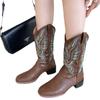 Women Boots Embroidered Western Boots Leather Mid Calf Cowboy Boots Winter Chunky Heel Boots Female Shoes Boots