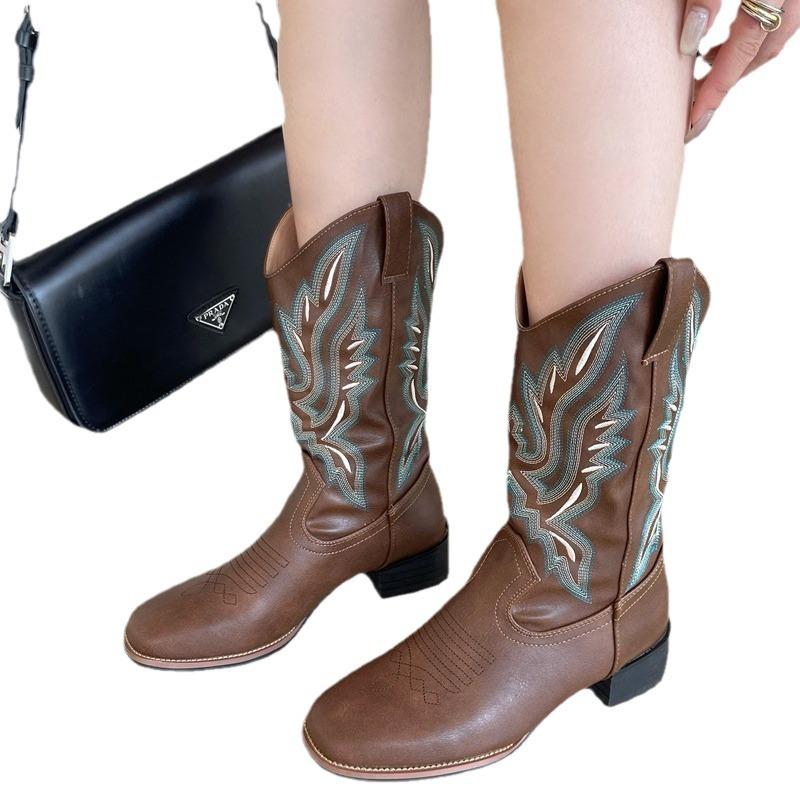 Women Boots Embroidered Western Boots Leather Mid Calf Cowboy Boots Winter Chunky Heel Boots Female Shoes Boots