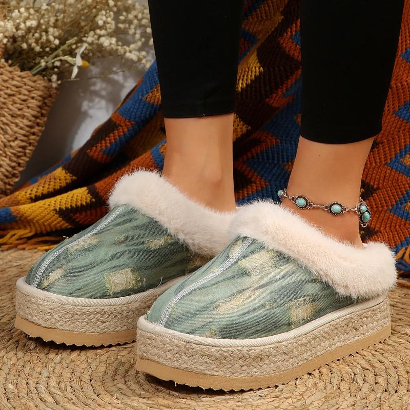 Модные женские меховые тапочки Теплые ботинки Платформа Шлепанцы Балетки Домашняя хлопковая обувь Замшевые мюли Женские ботинки Слайды Женская зимняя обувь