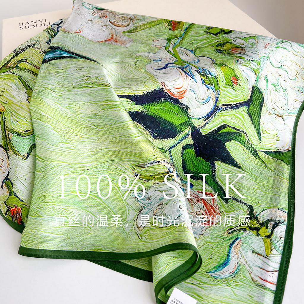 111 mulberry silk green oil painting 71 silk silk scarf women's new small fresh and versatile square scarf four seasons decorative scarf