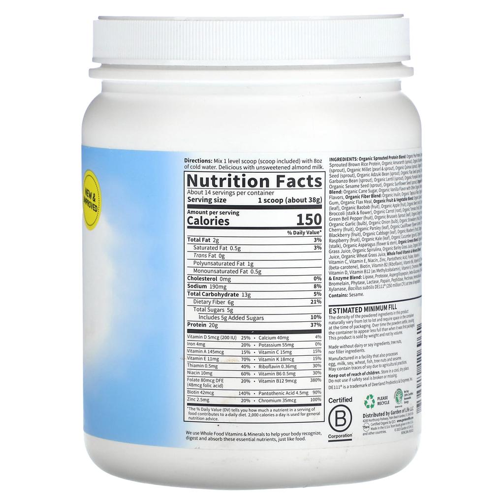 Garden of Life RAW Organic Meal, Organic Shakes & Meal Replacements, 18.3 Oz (519 G)