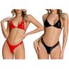 Womens Wet Look Patent Leather Bikini Set Rivet Detail Bra Adjustable Buckle Thong Two-Piece Lingerie Nightclub Outfit