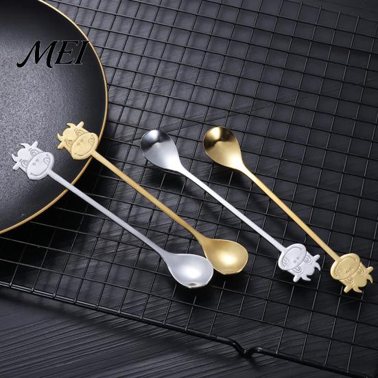 Cute Animal Handle Spoon Stainless Steel Coffee Spoon, Long with Bull Head Decor, Gold Multifunctional Stirring for Milk Tea Yogurt Jam Acid