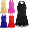 Kids Girls Latin Leotard Dress Dance Costume Rhinestones Fringe Bodysuit Skirted Dress Halter V-neck Sleeveless Tassel Jumpsuit