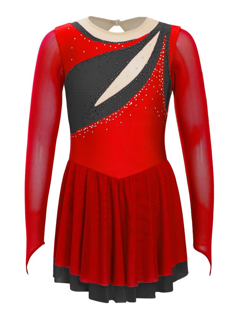 Kids Girls Sparkly Rhinestone Long Sleeve Figure Ice Skating Dress Ballet Modern Lyrical Dance Costume