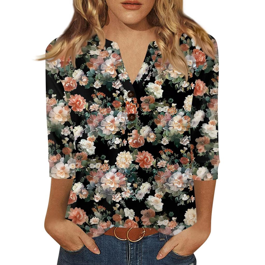 Жен. Футболка С принтом Пуговицы Рукав 3/4 Повседневные Выходные Мода Классический Классический V-образный вырез Обычный Верх
