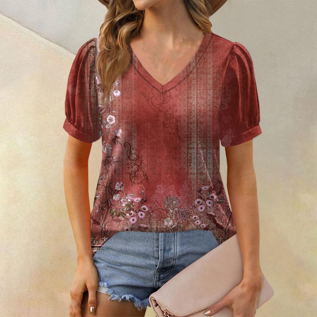 Женская модная футболка с коротким рукавом и V-образным вырезом, с цветочным принтом, свободная повседневная футболка