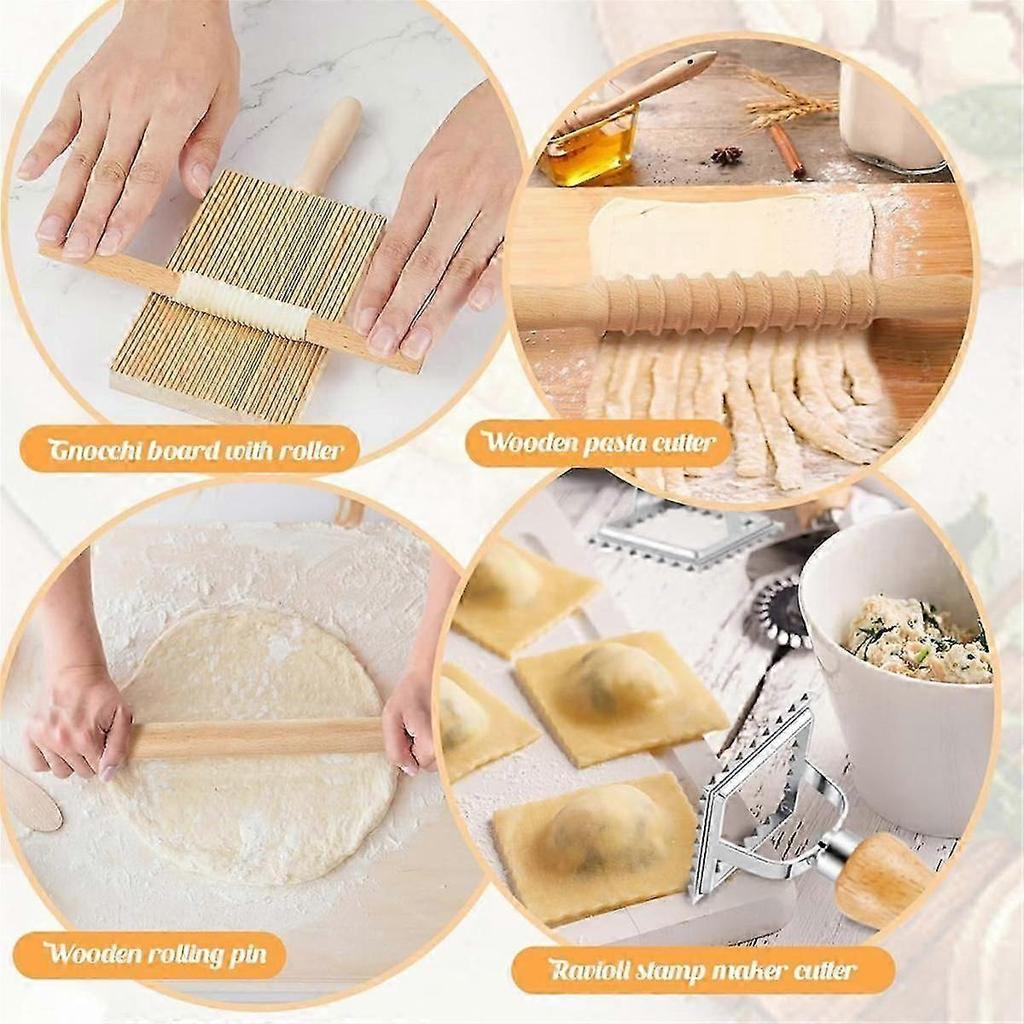 7 Pcs Pasta Making Tool, Wood Gnocchi Board with Ravioli Stamp and Rolling Pin Set, Pasta Maker for