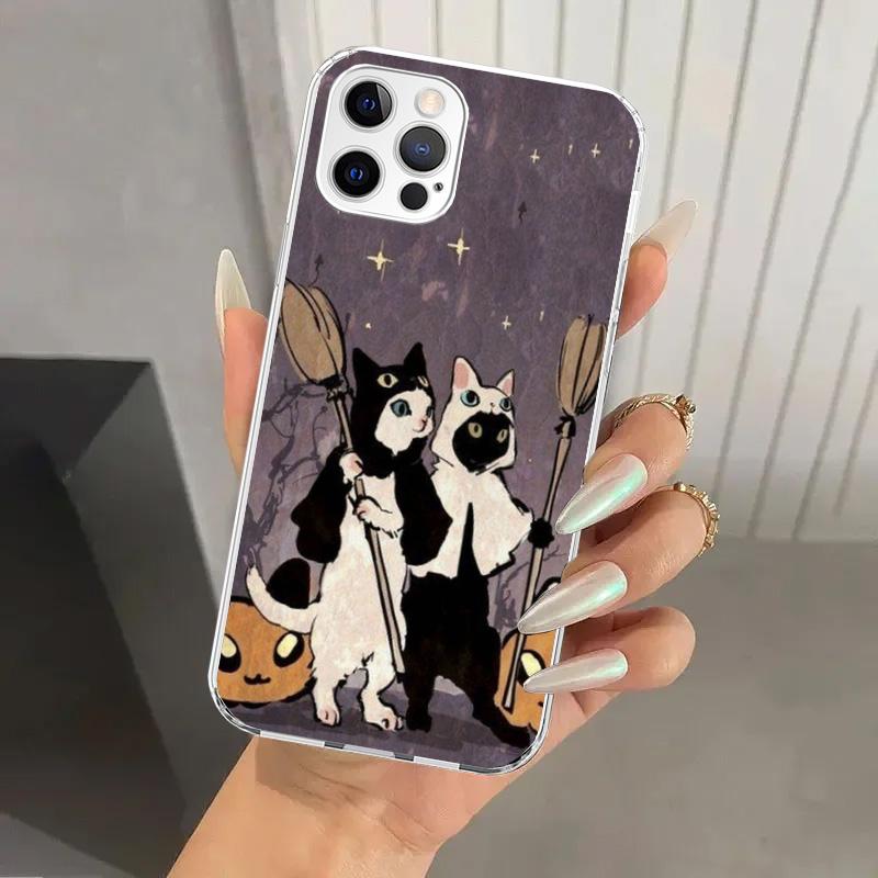 Черный кот Мультяшный Милый Чехол для Телефона для Iphone 17 Air 16 15 Plus 14 13 Mini 12 11 Pro Max 16E 7 8 SE 2020 Мягкий Funda Печатный Корпус 1