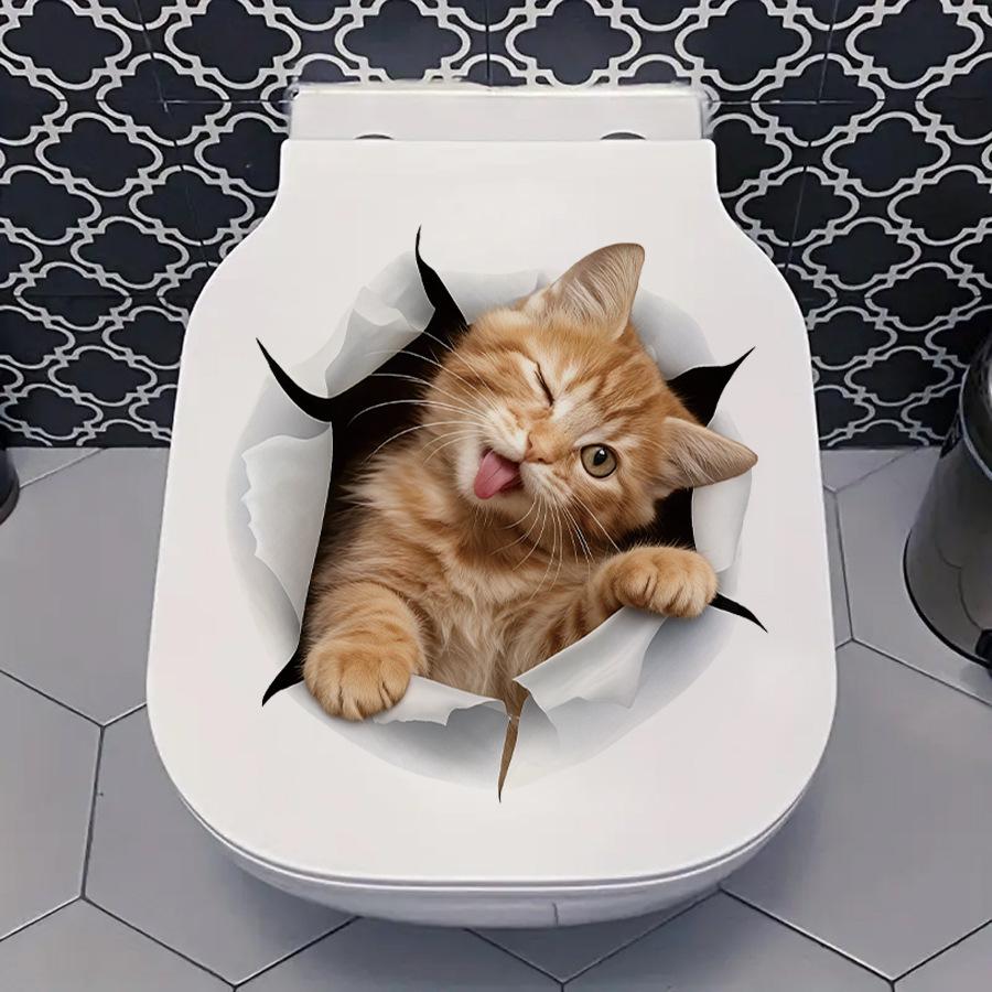 Смешные оранжевые коты, выглядывающие из дыры, Наклейки на унитаз, Водонепроницаемый самоклеящийся декор для крышки унитаза, Украшение для ванной комнаты
