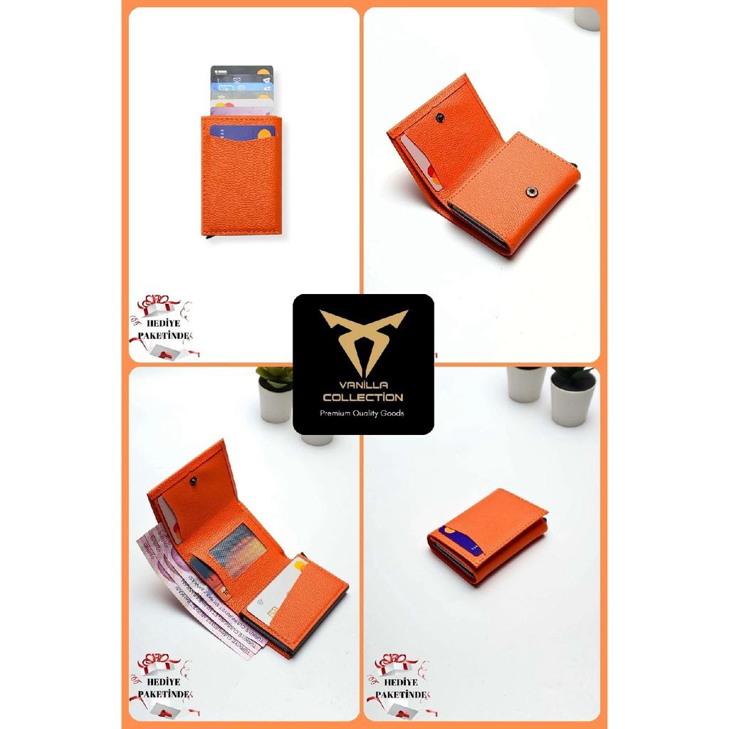 Оранжевый кошелек из веганской кожи унисекс с отделением для денег и держателем для карт с автоматическим механизмом. Подарочный пакет для портфолио?