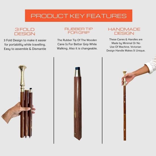 Engraved Brass Handle Walking Stick with Comfortable  Wooden 3-Piece Walking Cane for Hiking, Costumes, and Durability