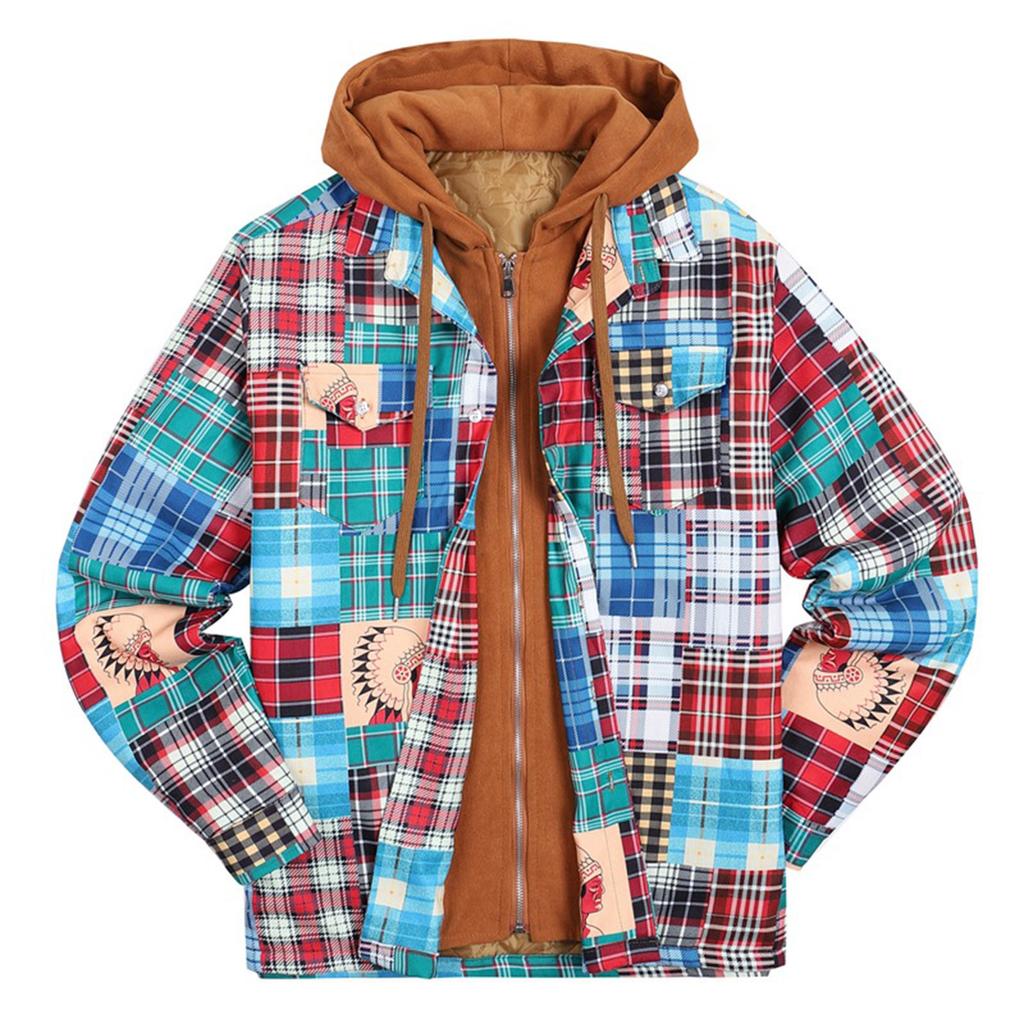Men's Quilted Lined Button Down Plaid Shirt Add Velvet To Keep Warm Jacket With Hood