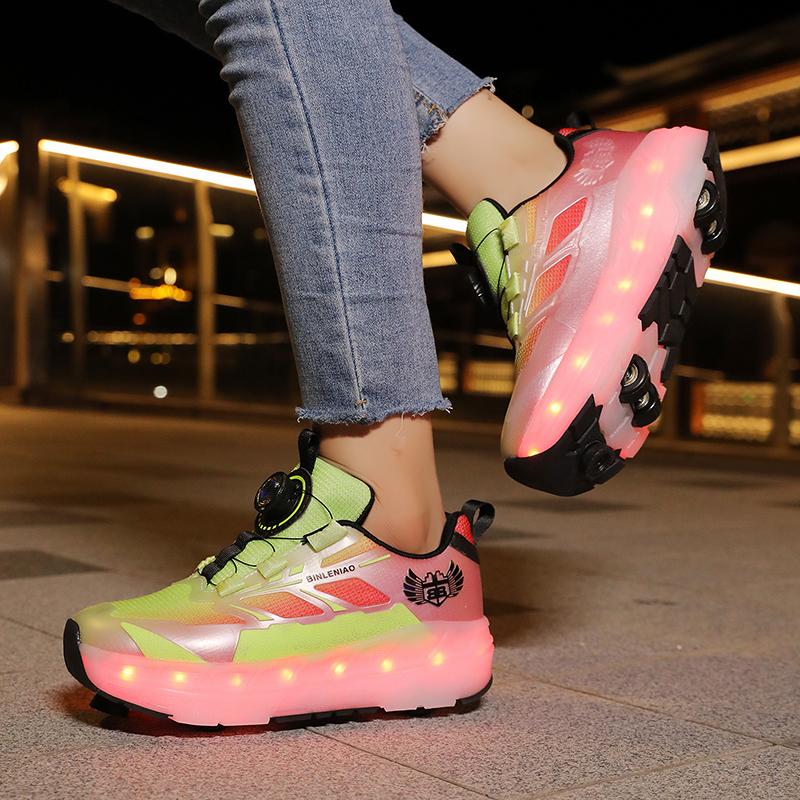 Kid's with Brake Roller Skates Removable Flat Charging LED Four Wheels Glowing Sports Shoes Women's Glowing Sneakers