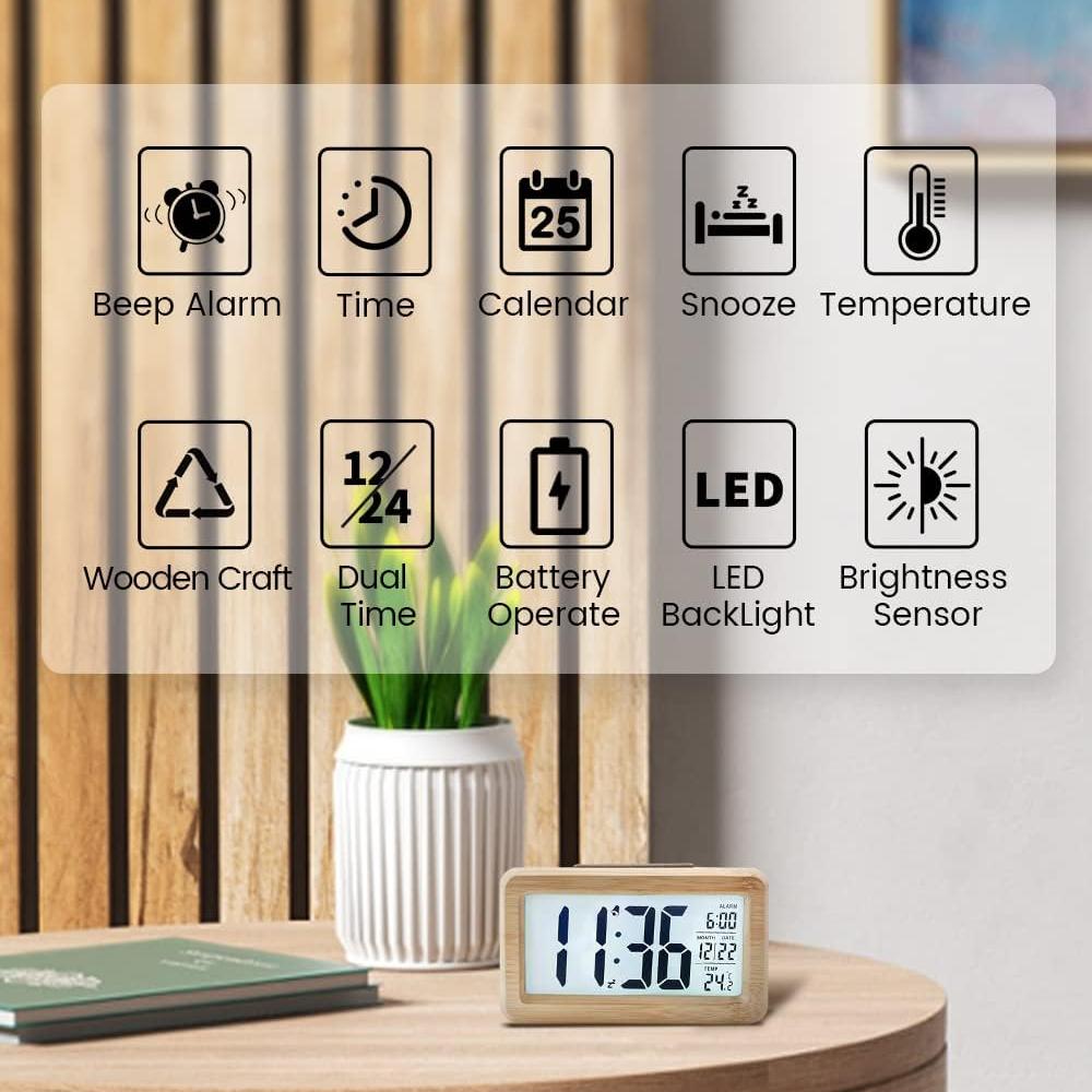 Цифровой будильник Деревянные прикроватные часы с большим ЖК-дисплеем с подсветкой, температурой, функцией повтора, датчиком яркости