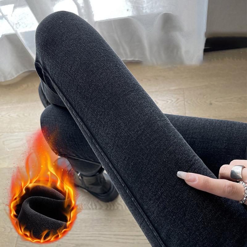 Джинсовые леггинсы большого размера с флисовой подкладкой и высокой талией для женщин - Весна/Осень Стройнящие Эластичные Скинни Брюки