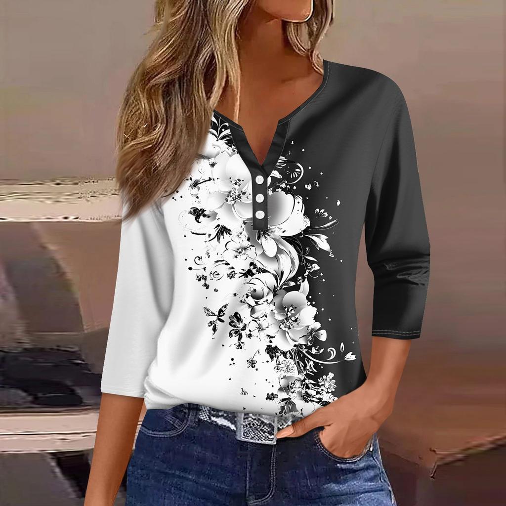 Жен. Футболка С принтом Пуговицы Рукав 3/4 Повседневные Выходные Мода Классический Классический V-образный вырез Обычный Верх