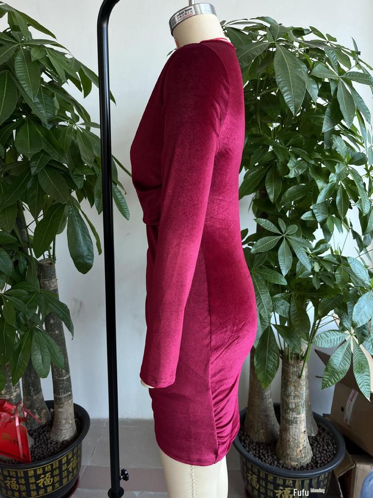 2023 Корейское бархатное однотонное сексуальное платье с длинным рукавом