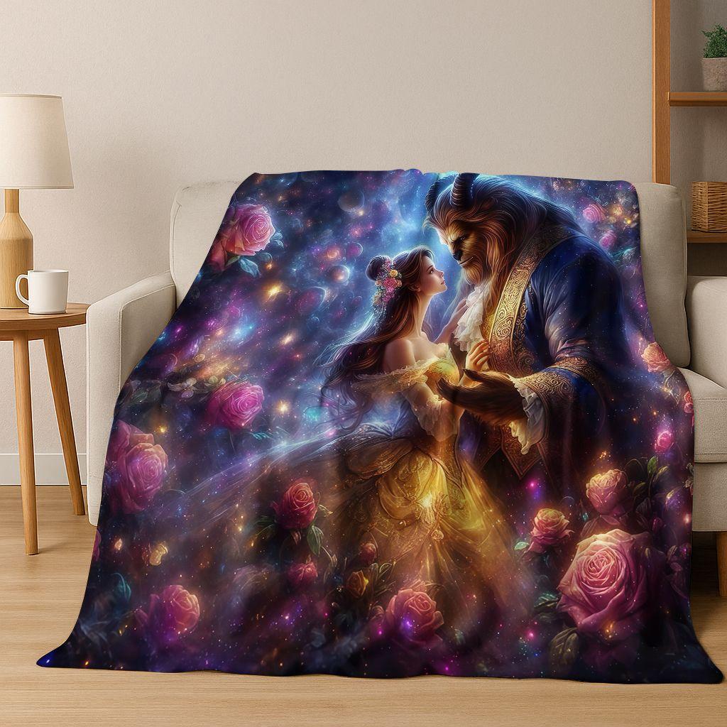 3D Beauty and The Beast Lovely Cartoon Flannel Blanket,Warm and Cozy Soft Throw Blanket for Home Bedroom Bed Sofa Cover Gift Kid