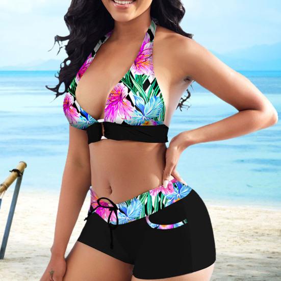 Одежда Топы Лето Женщины Бикини Печатный Глубокий V-образным Вырезом Холтер Бюстгальтер Низкая Посадка Микро Шорты Трусы Купальник Комплект
