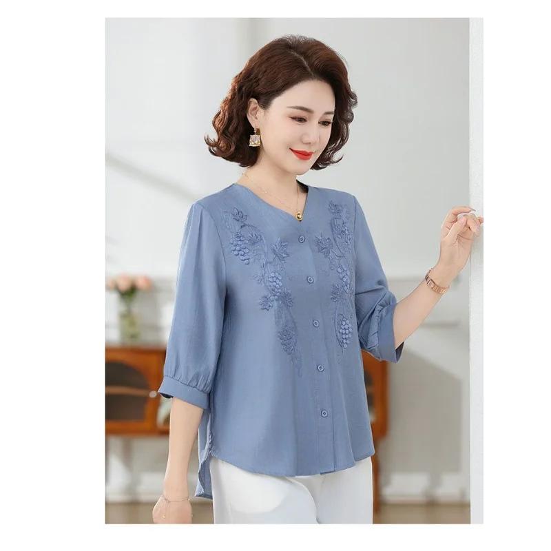 Элегантная синяя блузка с вышивкой винограда, женская, с коротким рукавом, V-образным вырезом, повседневная рубашка для женщин среднего возраста