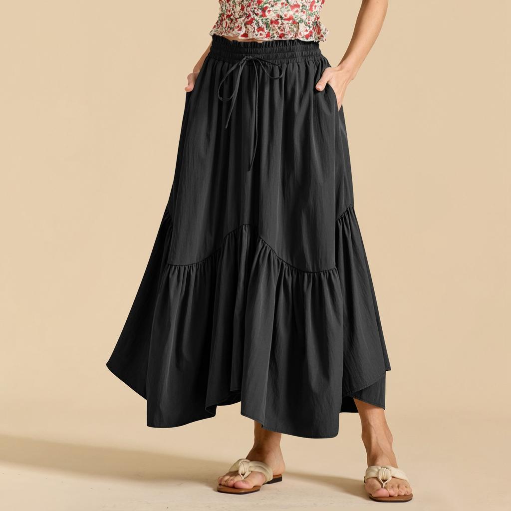 Женская модная однотонная юбка с высокой талией и эластичным поясом, с широкими карманами, в стиле ретро, с полудлинной юбкой