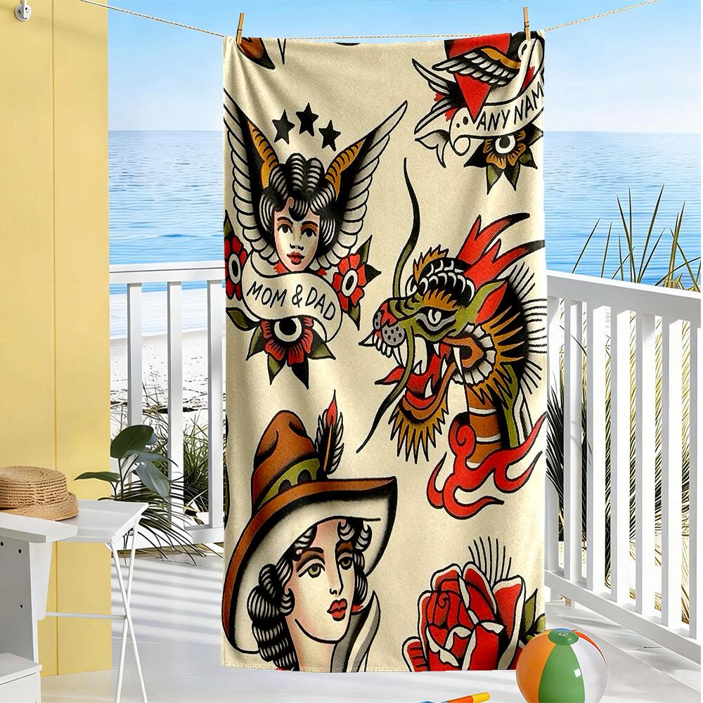Tattoo Style Beach Towel High Absorbency & Quick-Dry Comfortable Lightweight Suitable for Swimming, Gym, Camping, Yoga Vacation