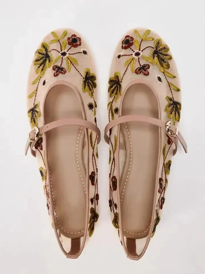 Elegant Embroidery Decoration Ballet Flats Women Breathable Mesh Mary Jane Shoes Lightweight Soft Bottom Comfortable Women Shoes