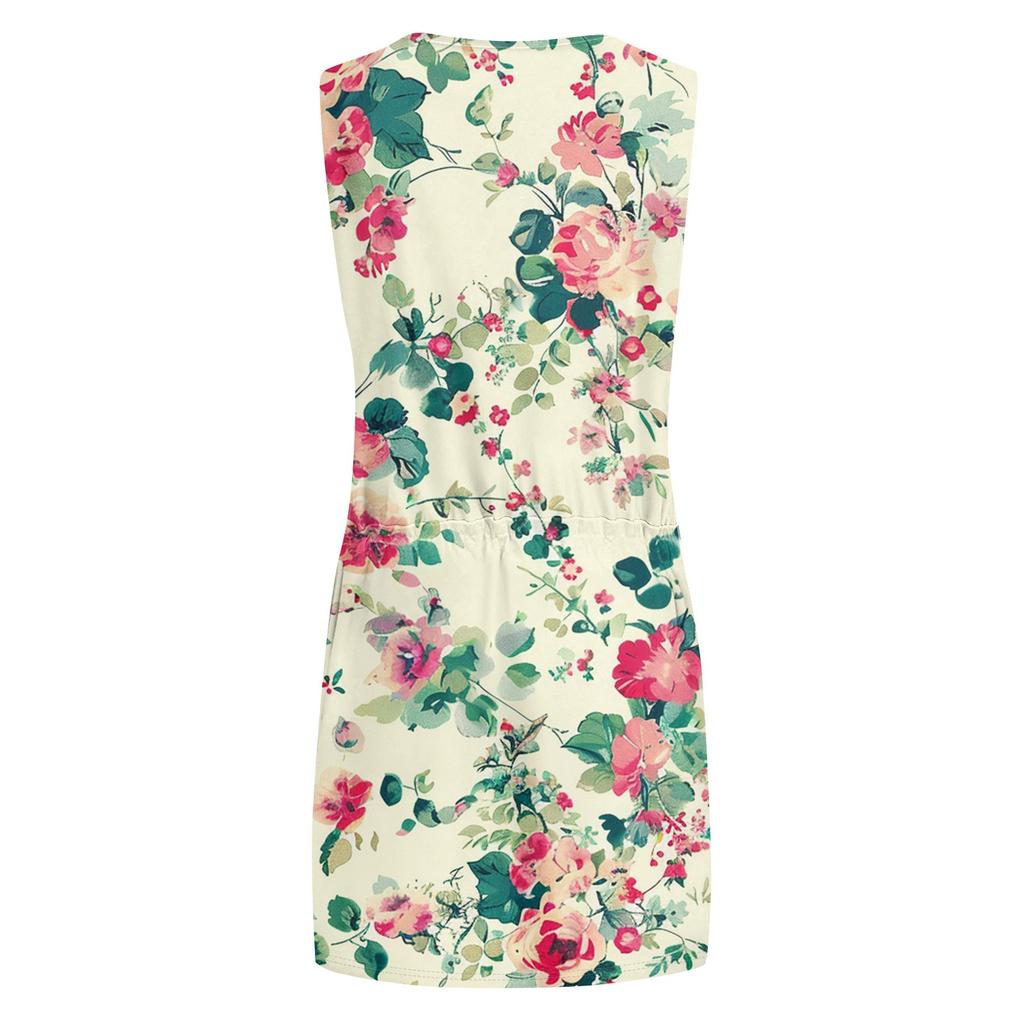 Women's Summer Fashion Casual Printed V-Neck Sleeveless Dress With Pockets