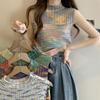 Summer French Chic Spicy Girl Rainbow Striped Knitted Small Tank Top Sleeveless Short Top for Women