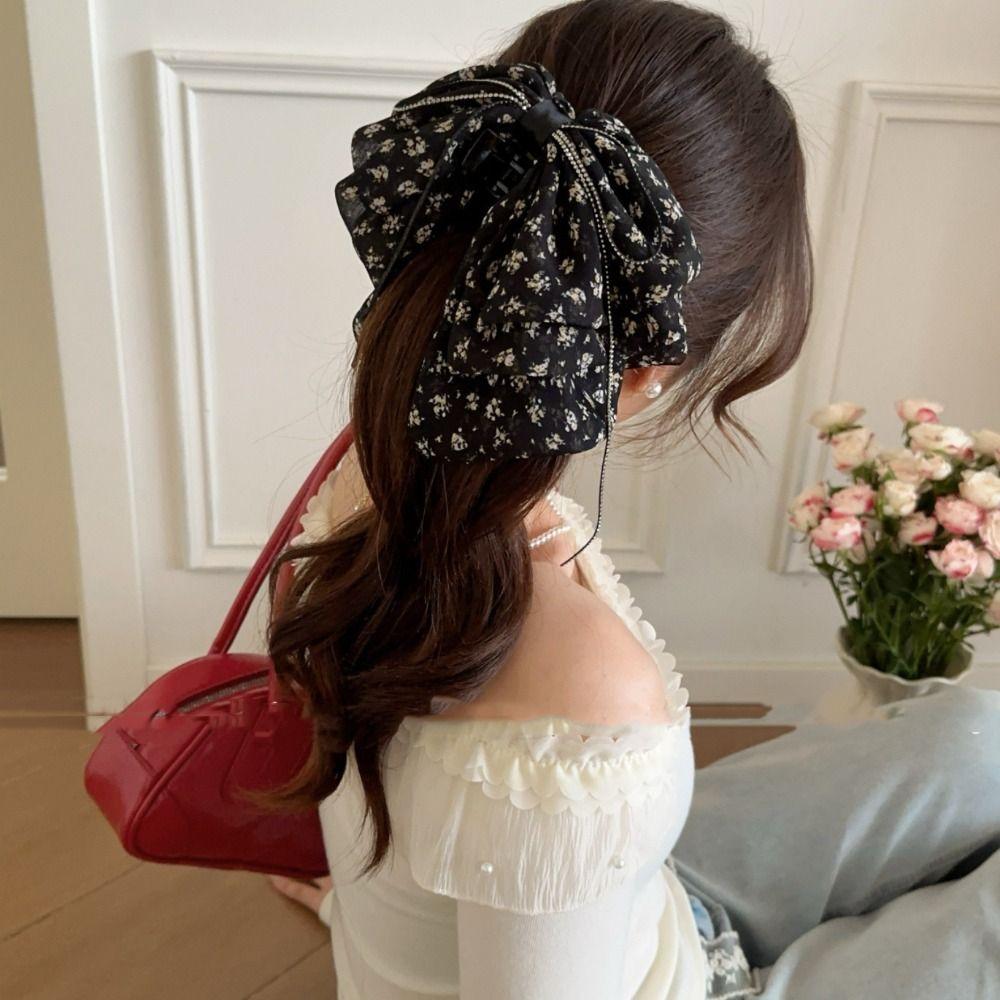 Grab Clip Chiffon Bowknot Hair Clip Floral Flower Hairpin Large Size Bow Ribbon Hair Claw  Travel